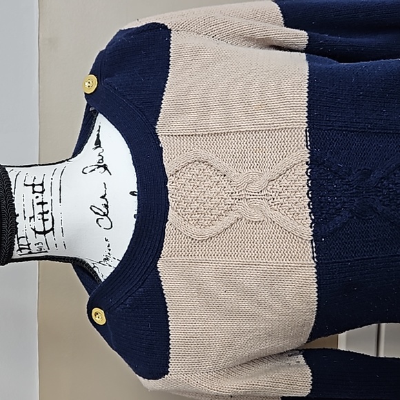 Questions by Say What, Sweater, blue & tan, gold buttons, 3/4 sleeve, large - Picture 2 of 5